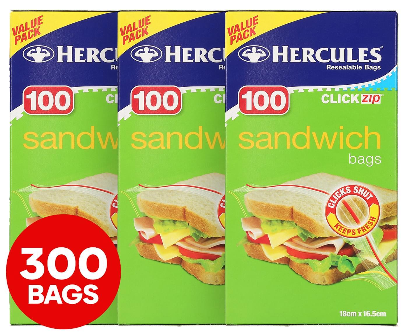 3x Hercules Sandwich Bags Zip Lock Resealable Food Storage Bag 3x 100pk