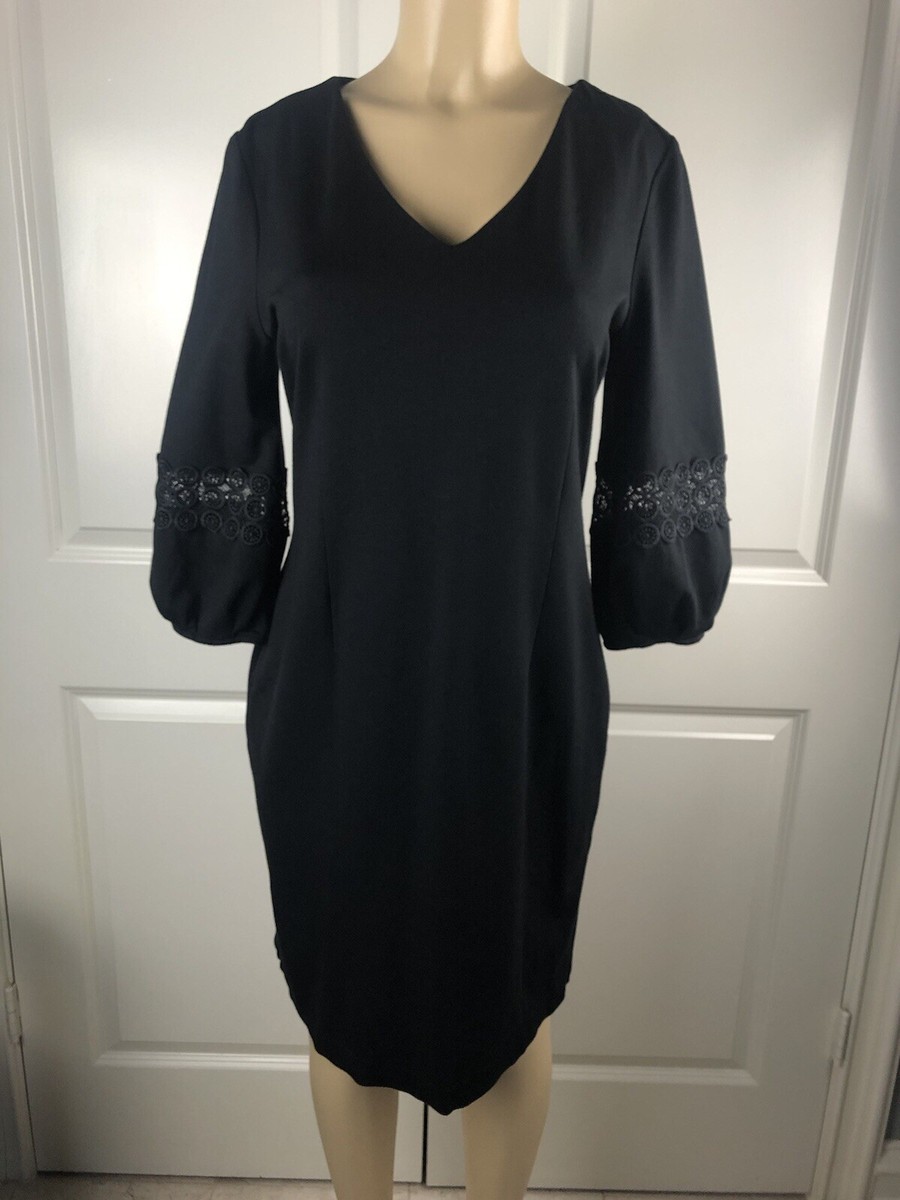 Talbots Black Ponte Knit Sheath Dress Size 8 V Neck Embroidered Sleeves