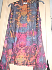 HIPPIE WAISTCOAT, GREY / RED/ORANGE TYEDYE, LONG WRAP OVER FRONT,  1 SZ 12 - 24