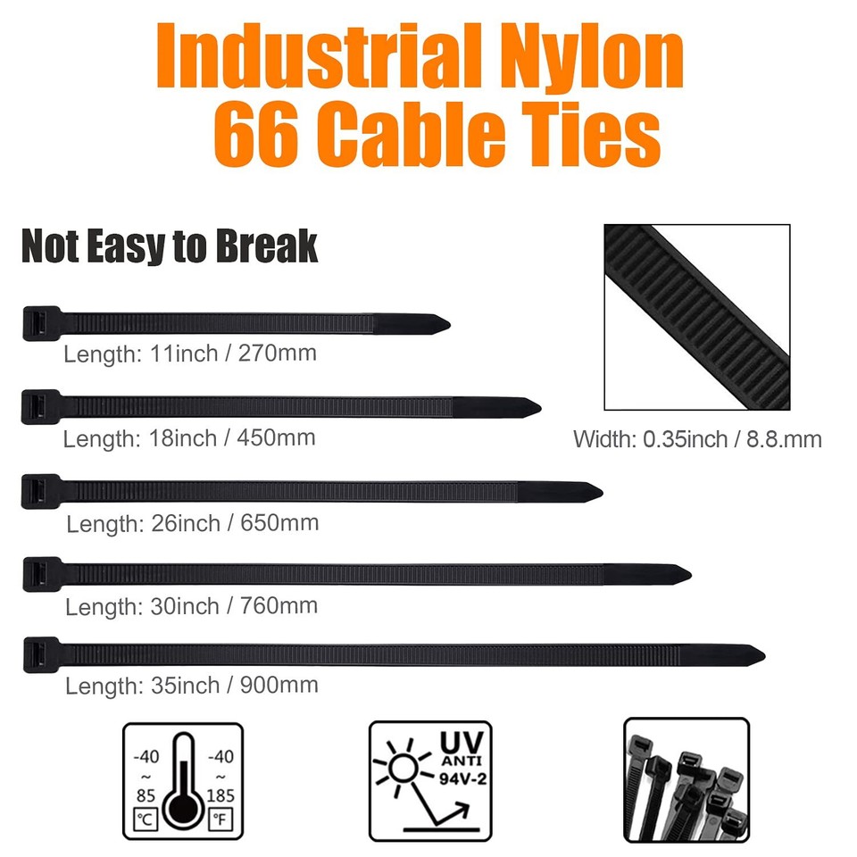 Black Cable Zip Ties Heavy Duty 18 Inch, 50Pcs Plastic Wire Ties with