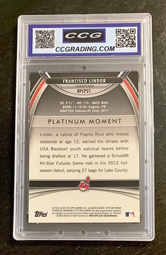 Bowman Platinum Francisco Lindor 2013 refractor verde #BPCP21 tarjeta #/399 CCG 10 - Imagen 3 de 3