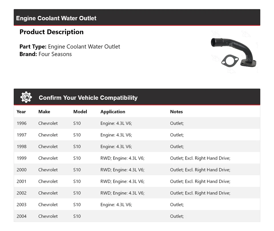 For 1996-2004 Chevrolet S10 Engine Coolant Water Outlet 4 Seasons 1997 1998 1999 - Image 2 of 4