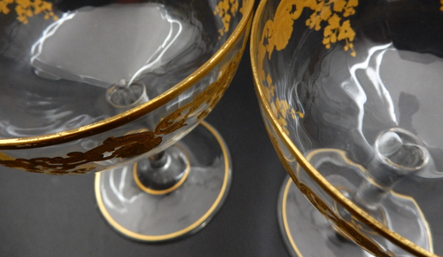 2 ANTIQUE BOHEMIAN JOSEPHINENHUTTE GOLD ENCRUSTED CRYSTAL CHAMPAGNE GLASSES - Picture 18 of 18