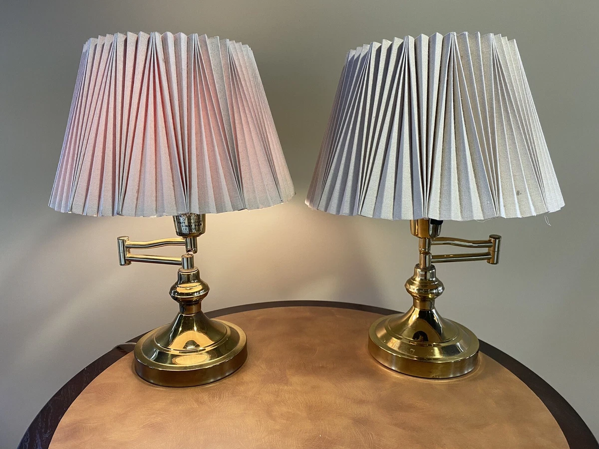 Vintage Brass Arm Swing pair of table lamps with orignal shades