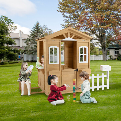 Kids Outdoor Wooden Playhouse, Garden Games Cottage w/Bench, 39