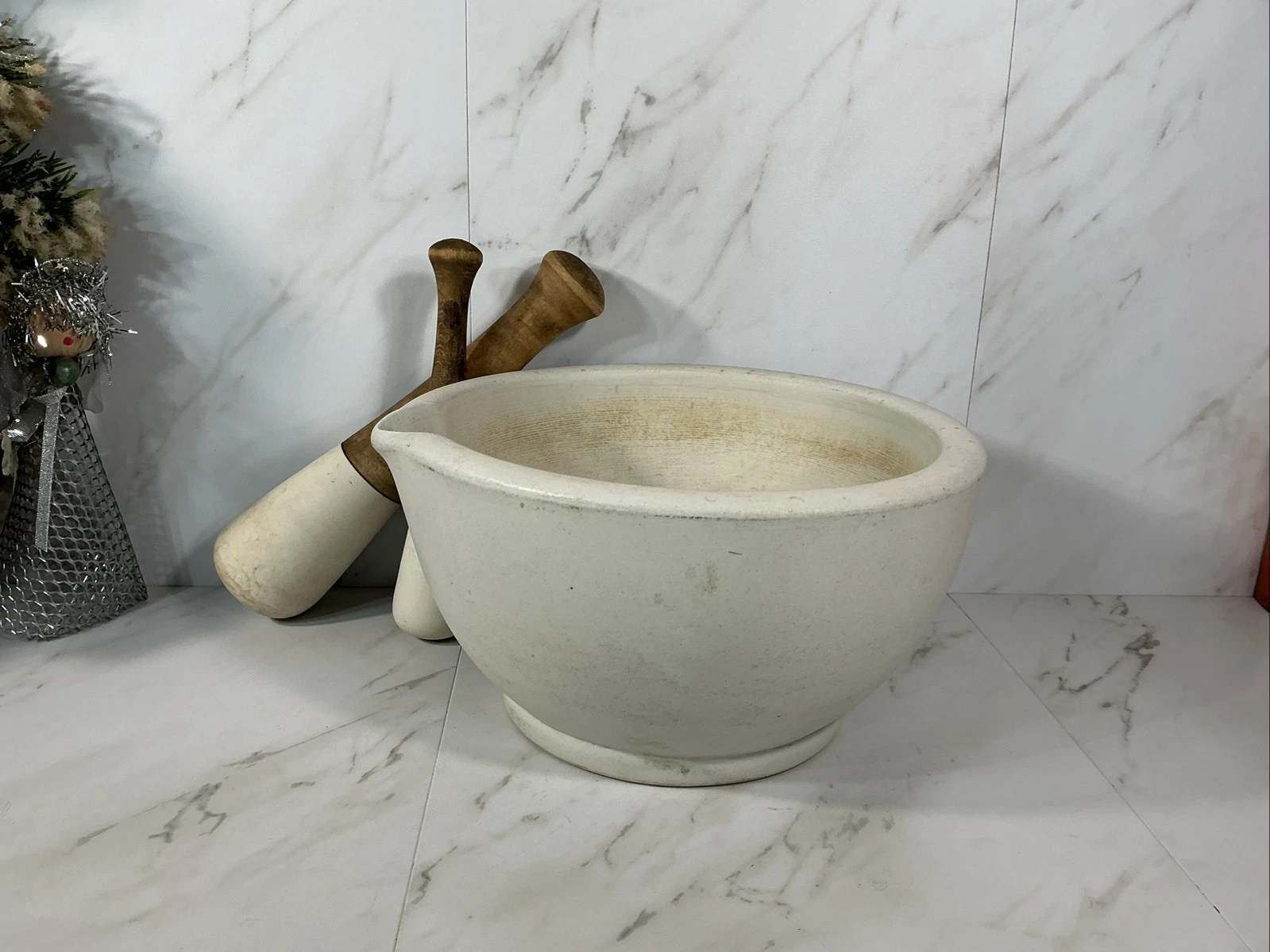 Antique HUGE 10” TM & S Mortar Stoneware Acid Proof Apothecary Bowl + 2 Pestles~