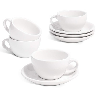 4 Pack White Ceramic Cappuccino Cups, Saucers, 6 oz, Latte, Cafe Mocha, Tea