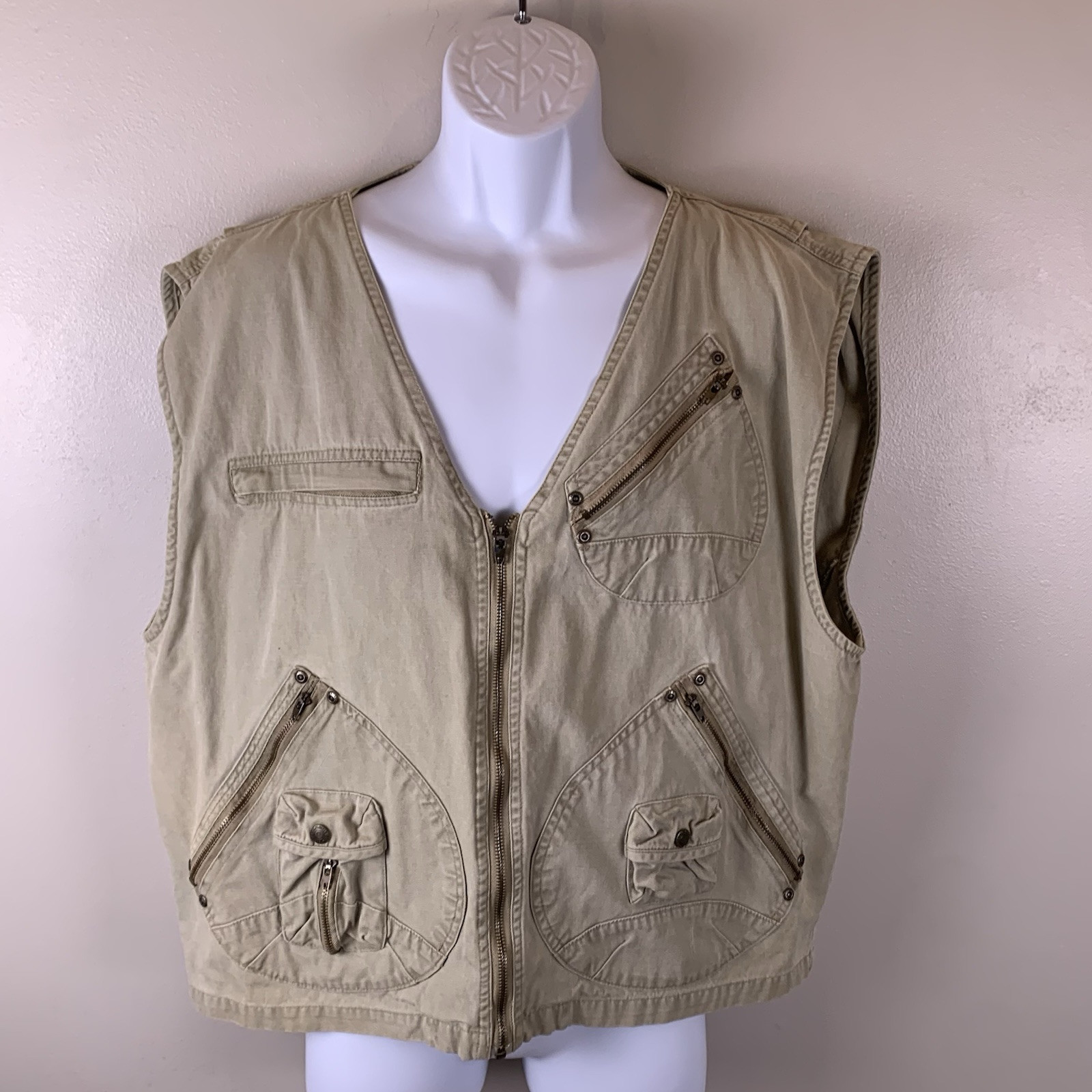 Vintage Y2K Bugle Boy Mens Utility Fishing Tactical Vest Tan Khaki Size Large