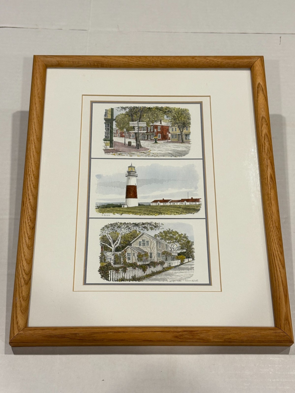 PATRICIA SCOTT Signed & Framed Nantucket Prints with Watercolor Wash 12 x 15