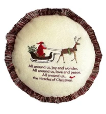 Round Xmas Santa Sleigh Novelty Throw Pillow, Winter Christmas Embroidered 11.5”