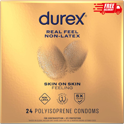 Durex Real Feel Non Latex Condoms, Lubricated Latex Free, Natural Skin Feel, 24 