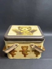 1983 Vintage Bristol Ware Teddy Bear Metal Tin Box  Handles 6 X 5 X 4.5” Chein