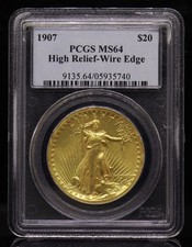 1907 $20 Saint Gaudens Gold High Relief-Wire Edge PCGS MS64