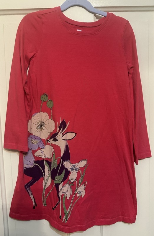 Tea Collection Girls' Red Dress Sz 7 Long Sleeve Flowers/Deer EUC Free Shipping