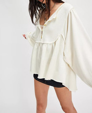 Free People About A Girl Pullover Sweatshirt Top Henley Flowy Cotton L 283055