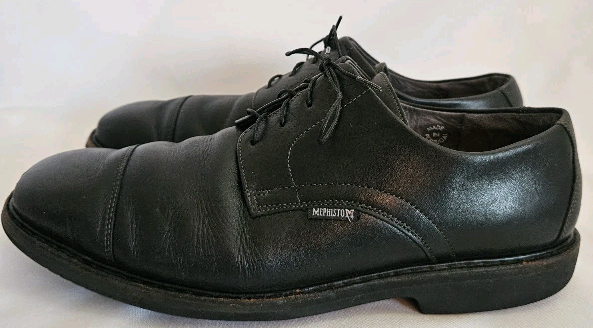 SAOLA Mephisto uomo Melchior Oxford taglia 10 5 punta a cappuccio pelle nera made in Portugal