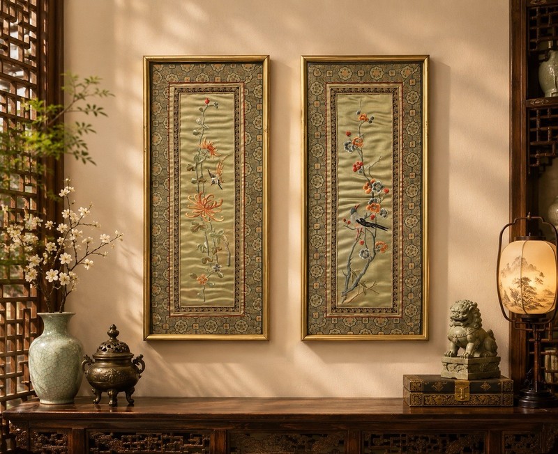 China Silk Embroidery 1950s 2 Framed Panels Magpie Plum Blossom, 10.5x24”