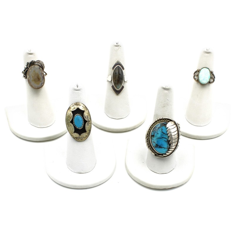Southwest Sterling Turquoise Opal Agate Shadowbox 5.75-9 Rings Lot of 5 #S5225-3