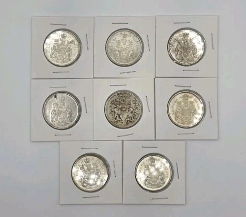 Lot of 8 Canada 1966 Silver 50 Cent Coins Half Dollars 80% Silver Canadian
