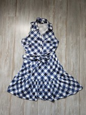 Tommy Hilfiger Gingham Blue White Belted Button Front Sleeveless Tiered Sz 8