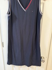 Tommy Hilfiger Navy Blue V-Neck T-Shirt Dress - Sleeveless Striped Trim - Preppy
