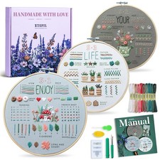 Embroidery Kit for Beginners: 3-Pack Samplers, Hoop, Threads, Guide Video