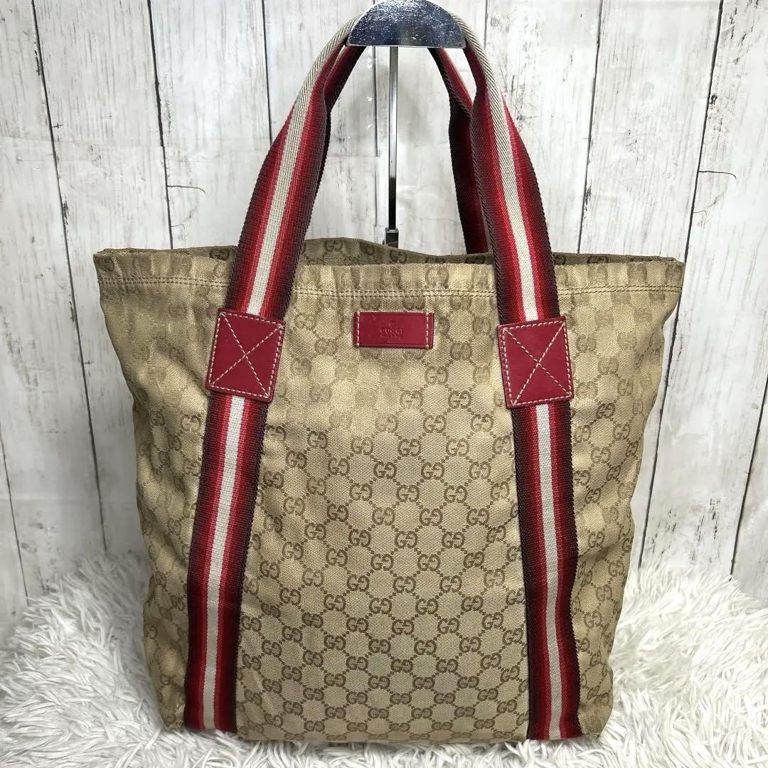GUCCI Sherry Line Red GG Canvas Nylon Tote Bag #PCEECP