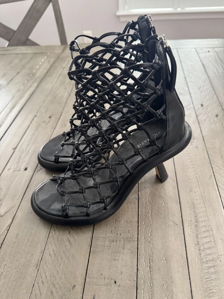 VIC MATIE 黑色 Dosh 编织皮革踝靴笼形高跟鞋凉鞋 39 9 G2U 码 — 第 2/4 张图片