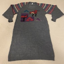 Vintage 90s Sweater Dress Aztec Geometric Gray Wool Pockets Women  s Size Medium