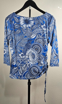 Ruby Rd Petite Small Blue Floral Bird Print Ruched Side Top 3/4 Sleeve PS