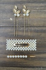 Vintage Faux Pearl Hair Barrette Clip Pin Lot Gold Tone Metal Plastic Darling