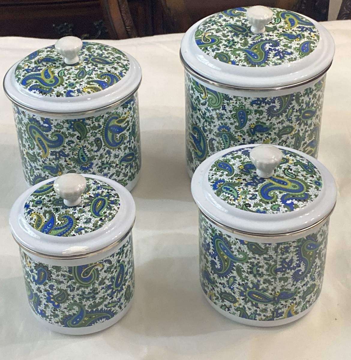 Vintage 4 Pc. 1970s Enamelware Paisley Green Enamel Canister Set