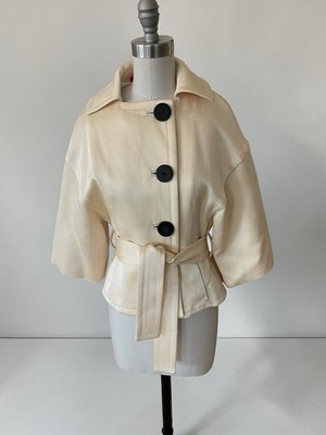 Emanuel Ungaro Ivory Belted Jacket Cape Sleeve Crop Italy Wool Silk IT 38 $3800