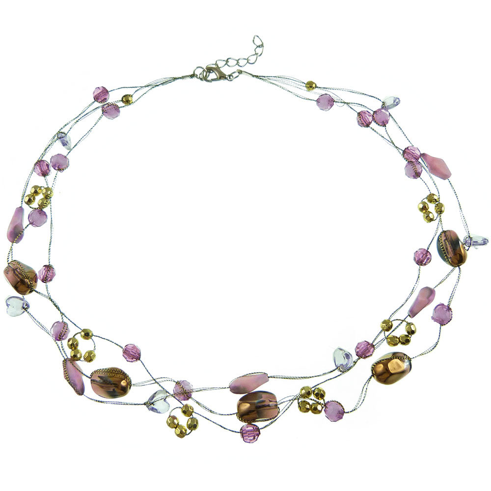 Collier Ras De Cou Violet Fantaisie - Perles Dorées Et Violettes Sur Fil Doré