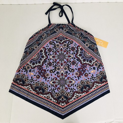 NWT Kona Sol High Neck tankini Swimsuit Halter Top Navy Purple Paisley