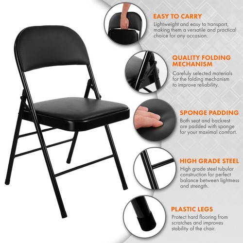 Silla Plegable Nyxi Imitación Cuero Asiento Acolchado Marco Metal Resistente - PVC Negro - Imagen 3 de 6