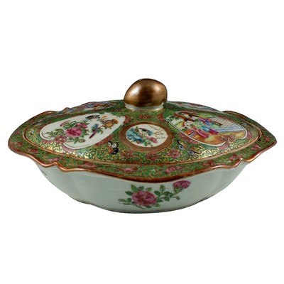  Chinese Export Rose Mandarin Covered Vegetable Dish w/ Enamel Painted Interior
