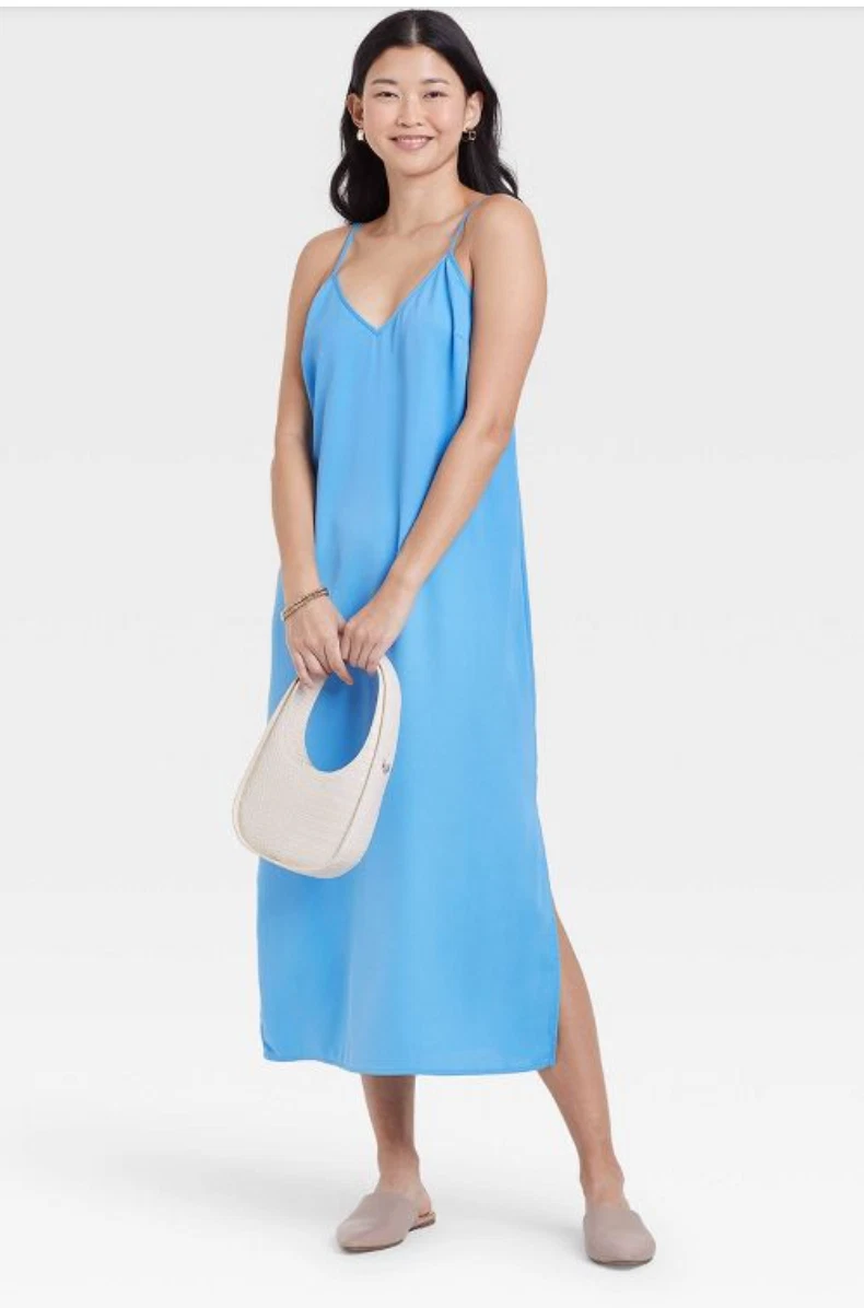 NEW A New Day Sky Blue Silky Slip Midi Dress V Neck XS eBay