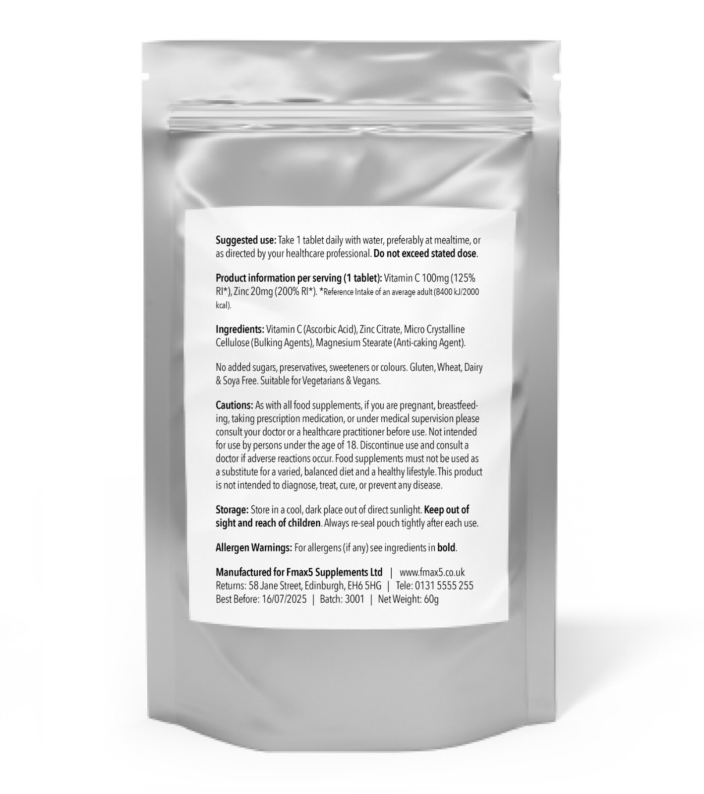 Vitamin C + Zinc Tablets High Strength Immune System Health Support