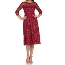 ADRIANNA PAPELL Sz 4 Dress Sequin Red Lace Cocktail Illusion Flower Applique B30
