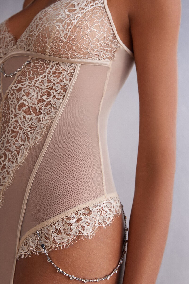 NEW Intimissimi Living in Luxe Lace and Tulle Bodysuit Beige Size