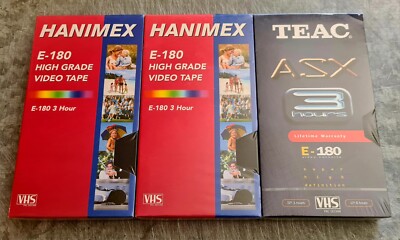 3 x BLANK E-180 HQ VHS VIDEO CASSETTE TAPES HANIMEX + TEAC BRAND NEW & SEALED