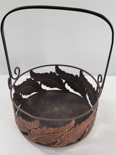 Metal Copper Round Basket With Handle Rustic Leaf Pattern Footed 10 x 13 - Picture 4 of 5