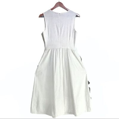 Josie Natori Linen White Floral Embroidered Applique Linen Blend Midi Dress