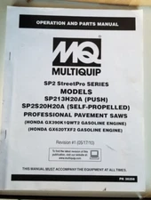 MULTIQUIP Pavement Saw Operation & Parts Manual Models SP213H20A & SP2S20H20A