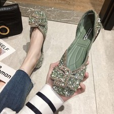 Womens Bow Sequins Bling Crystal Flats Square Toe Ballet Shoes Casual Slip On
