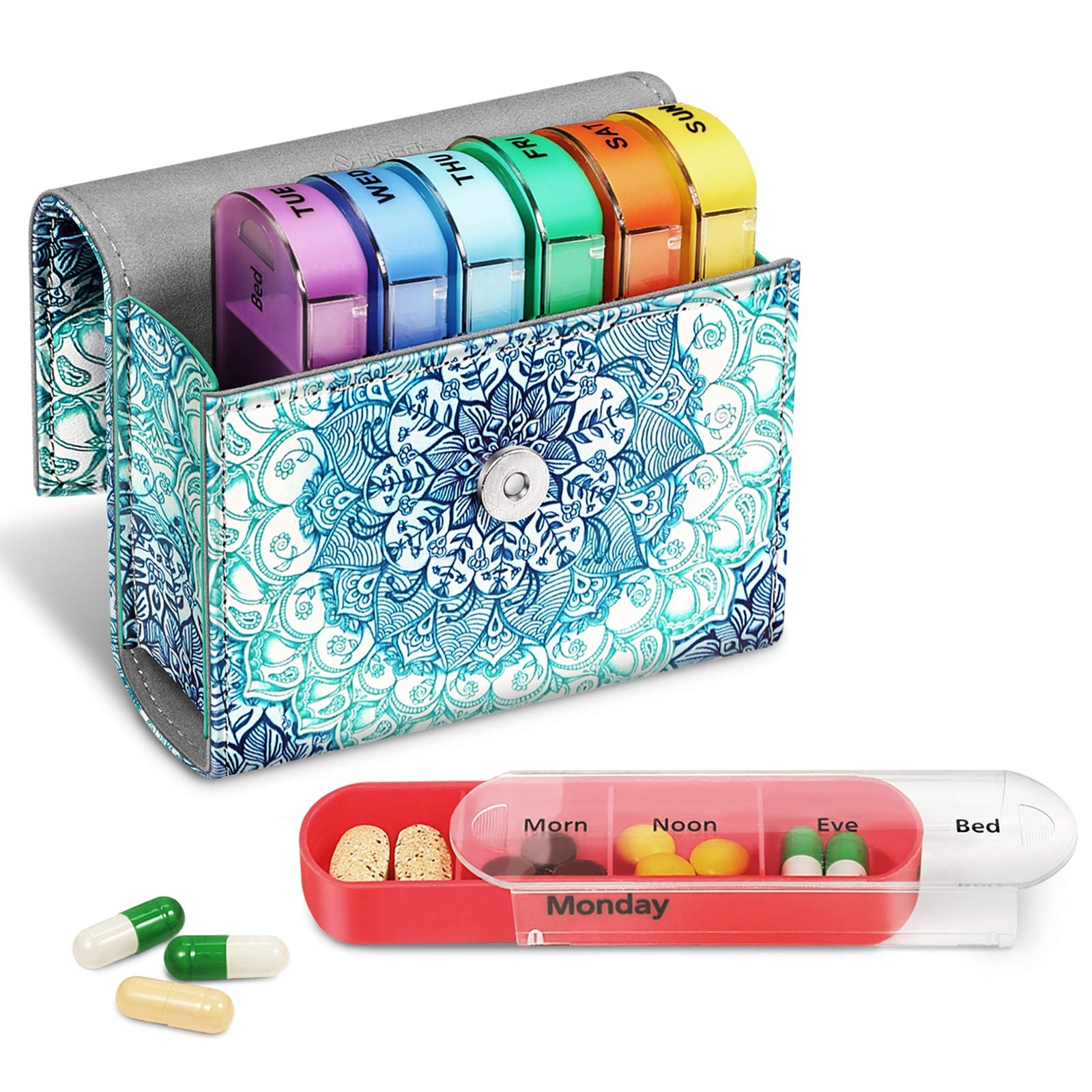 Weekly Pill Organizers 4 Times A Day, Slide Open PU Leather Case Travel Pill ...