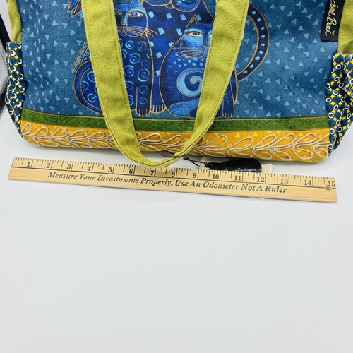Laurel Burch Canvas Handbag Tote Blue Indigo 3 Cat Green Yellow Trim Charm Purse - Picture 13 of 13