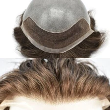 Mens Toupee French Lace Front Hairpieces Poly Skin PU Human Hair Systems for Men
