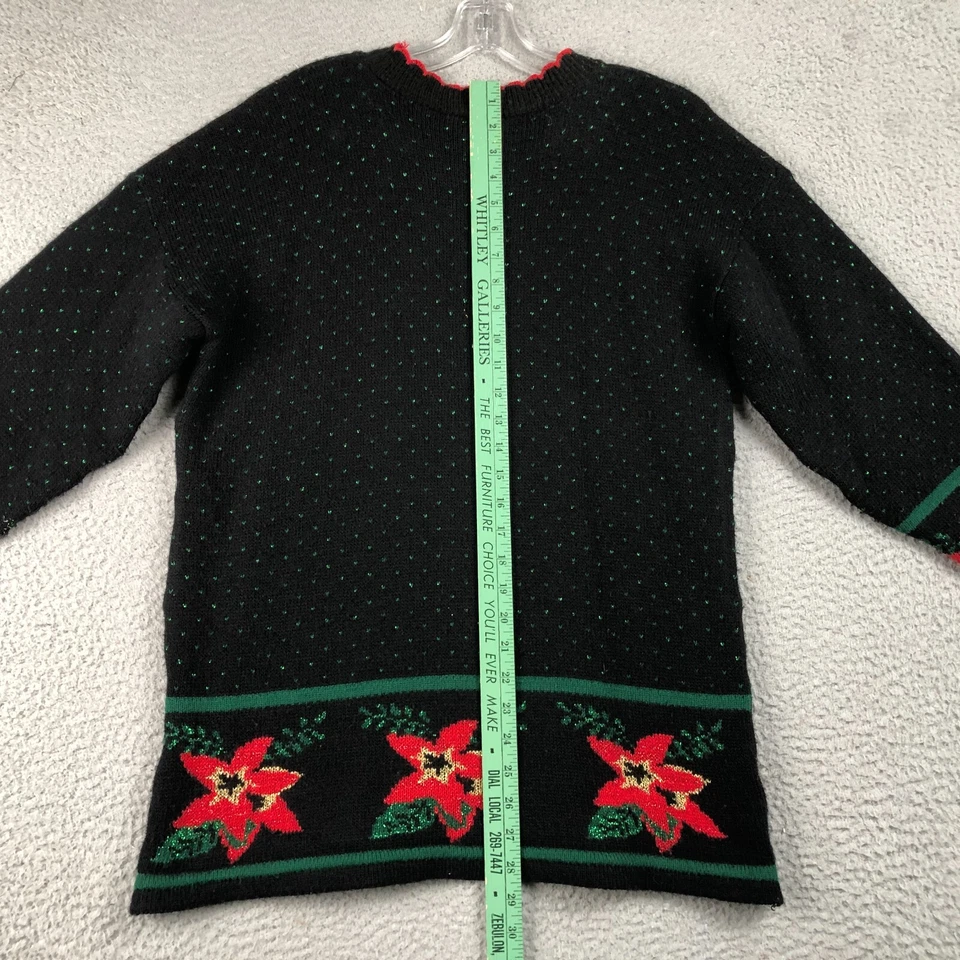 Suéter de Natal Feminino S Preto Vermelho Poinsétia Bow Knit Vintage Dana Scott - Imagem 4 de 4